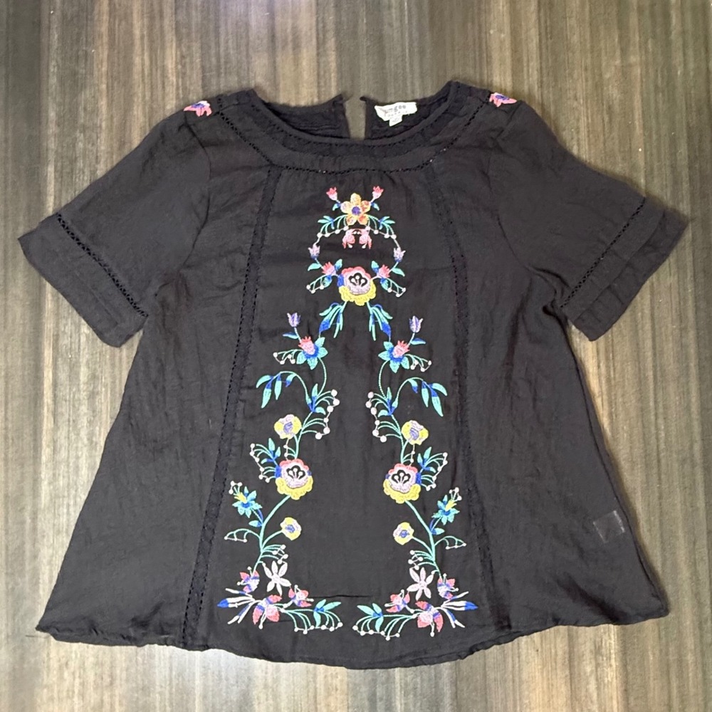 Umgee Embroidered Floral Peasant Top Bohemian Blouse Short‎ Sleeve Size M
